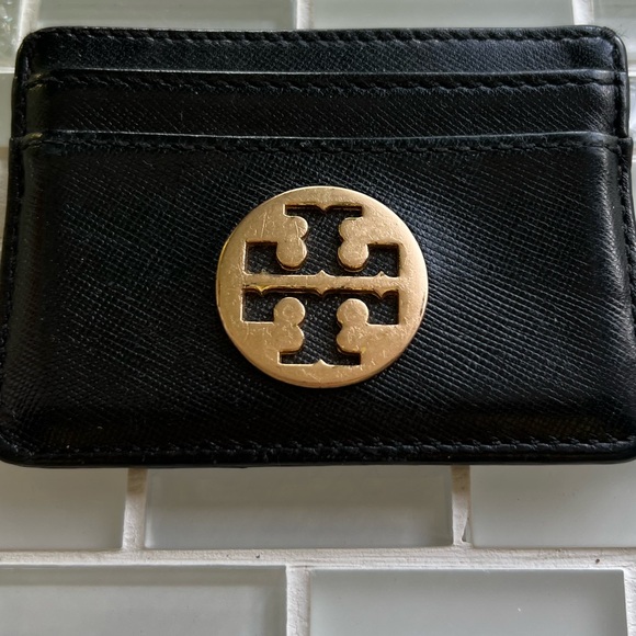 Tory Burch Logo Black Leather Card Holder Small Wallet 4”x 3” - Picture 8 of 8